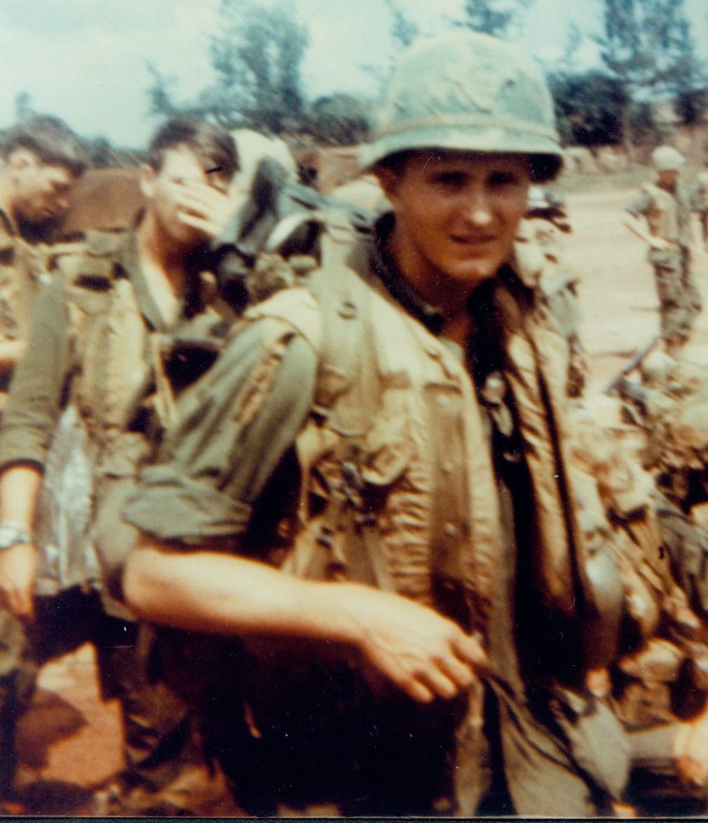 GI marching with full gear on, Vietnam War